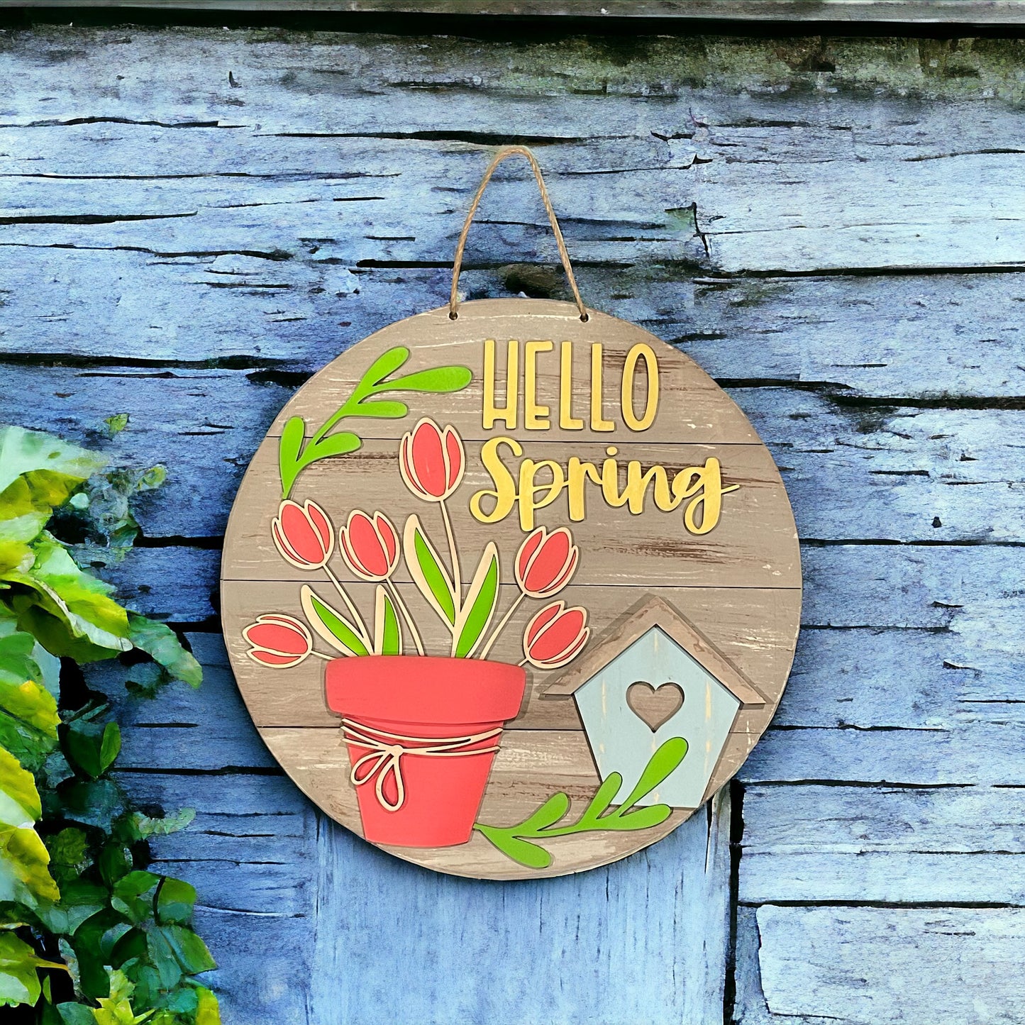 Hello Spring Tulip and Birdhouse Sign