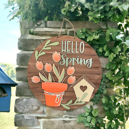 Hello Spring Tulip and Birdhouse Sign